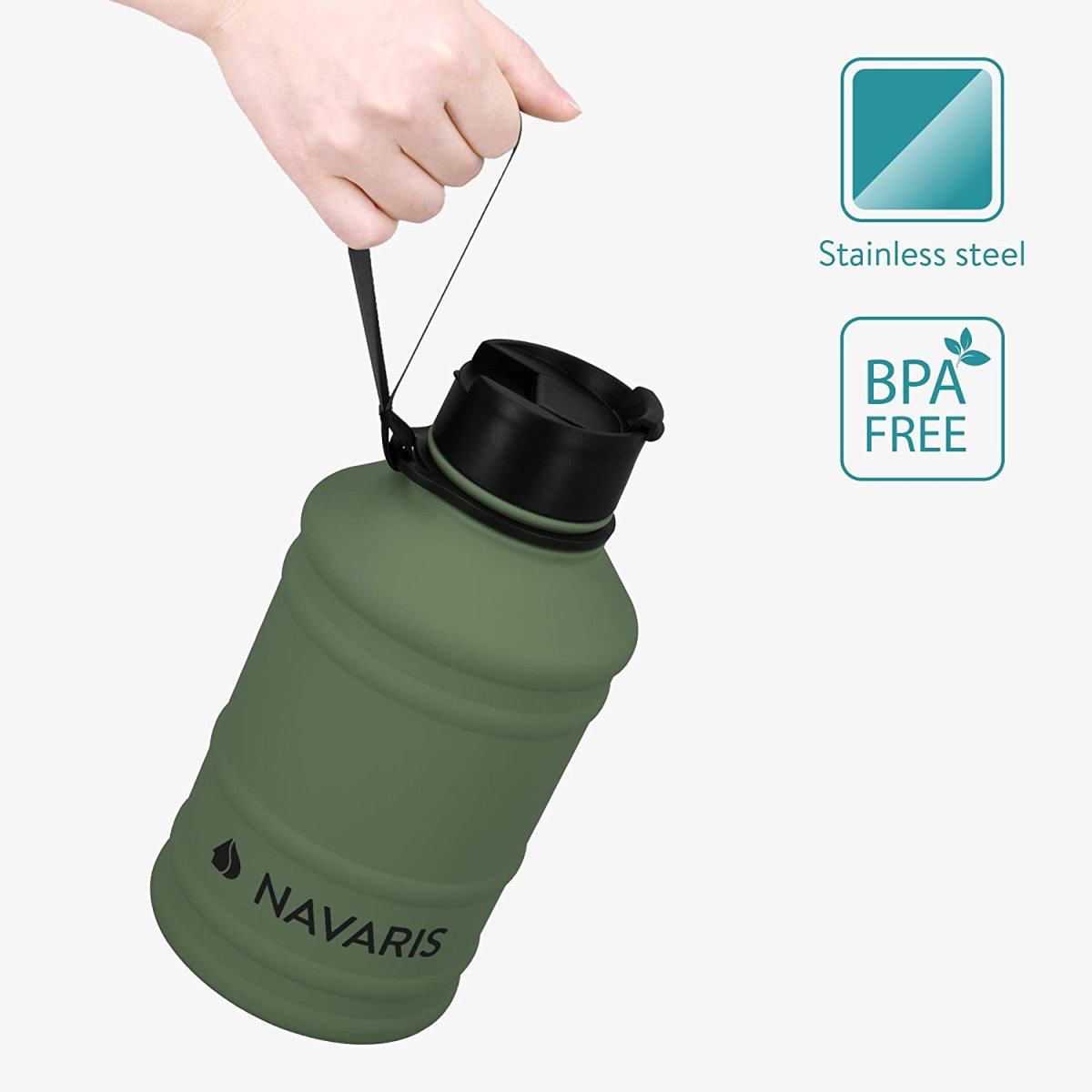 Navaris Botella de Agua de Acero Inoxidable – Cantimplora XXL de Metal de 2.2 L - Imagen 3