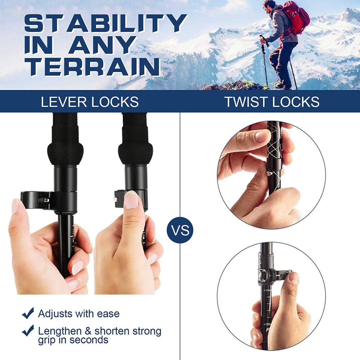 Bastones de trekking – Bastones de senderismo ajustables, aleación de aluminio 7075 - Imagen 5